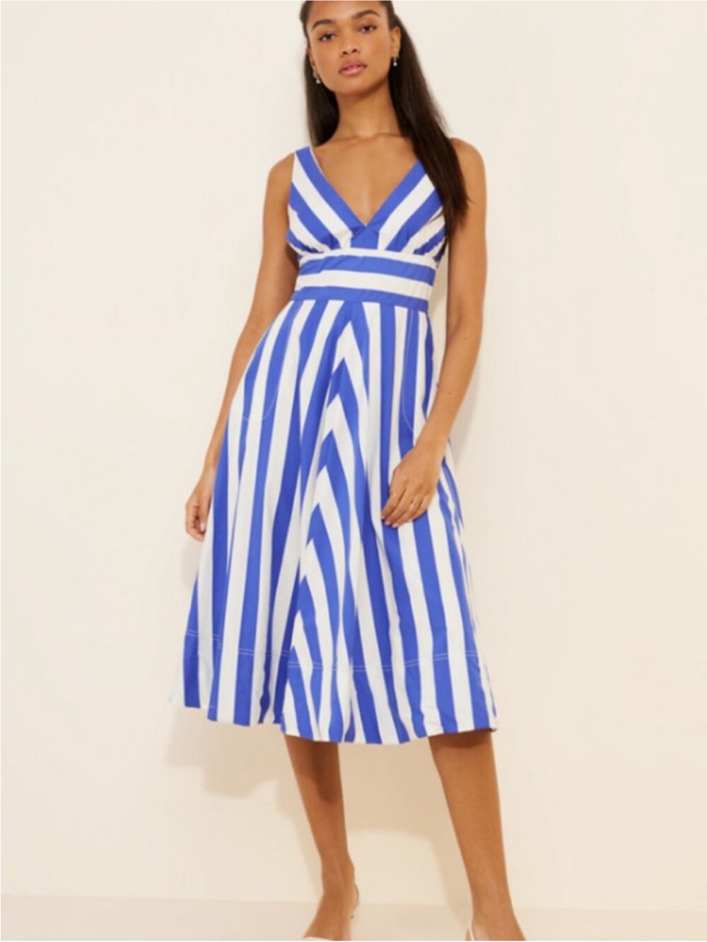 Anthropologie Blue & White Striped Sleeveless V-Neck Midi Dress